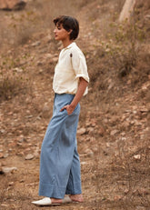 A Model Wearing Blue Cotton Mul Aasmaan Linen Pants,curated by Only Ethikal